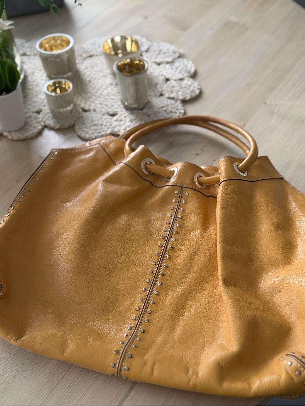 Women’s Mustard Yellow Leather Tote Bag with Stud Detail